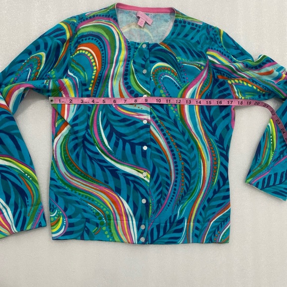 Lilly Pulitzer Cotton Button Up Cardigan Sweater Blue Multicolor Swirl Design M - Picture 8 of 11